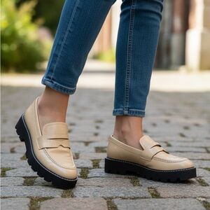 Franco Sarto shiny cream loafers with chunky black heel